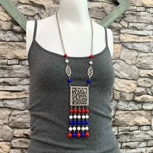 Vintage Signed Celebrity Patriotic Red White Blue Beads Dangle Silver Necklace
